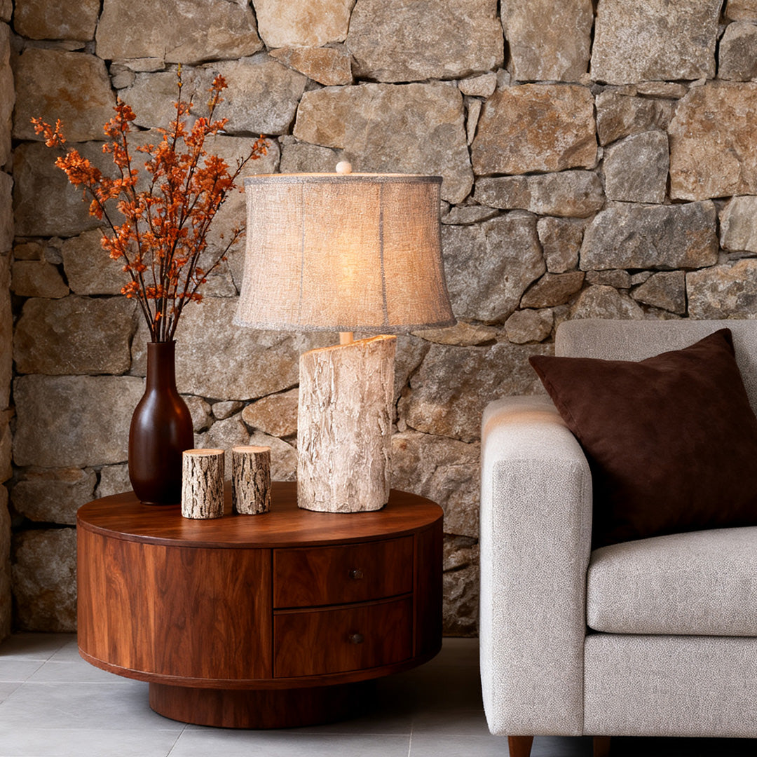 White Wood Table Lamp with Bark Fabric Shade - Ambient Lighting