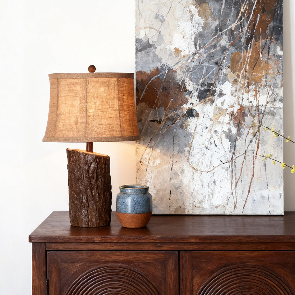 Faux Wood Table Lamp with Bark-Textured Fabric Shade
