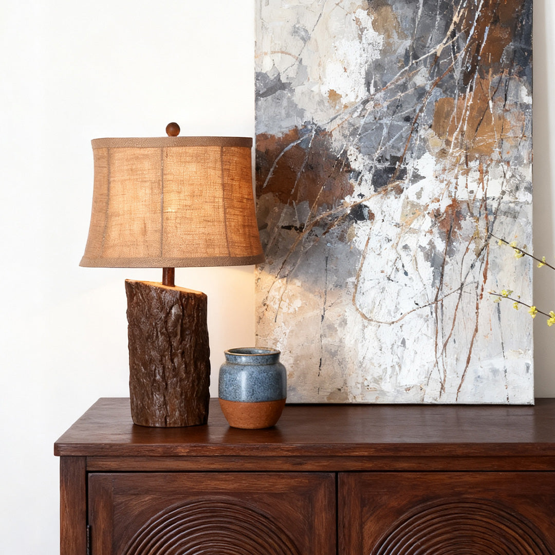 Faux Wood Table Lamp with Bark-Textured Fabric Shade