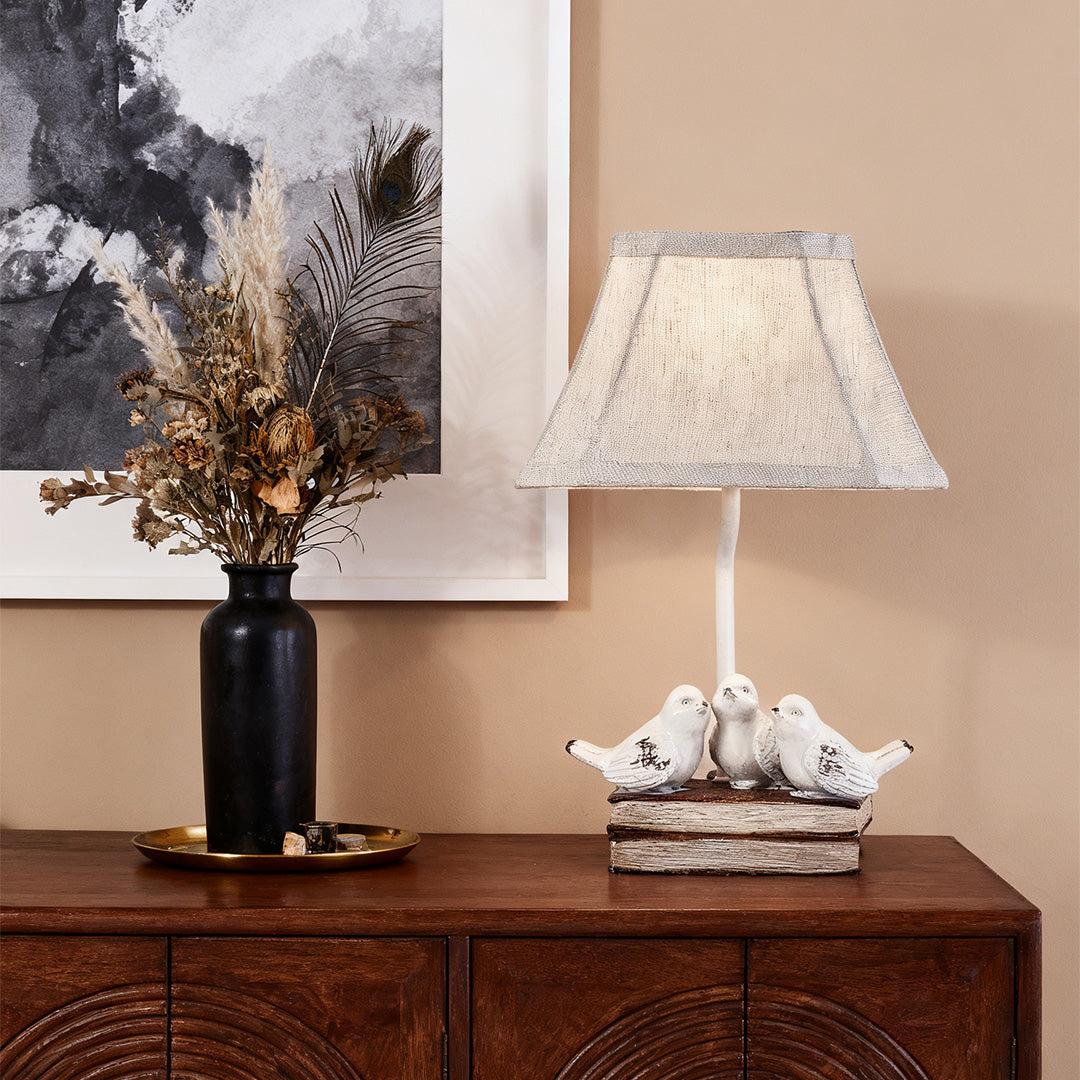 French Bird Table Lamp on Stacked Books - Fabric Shade