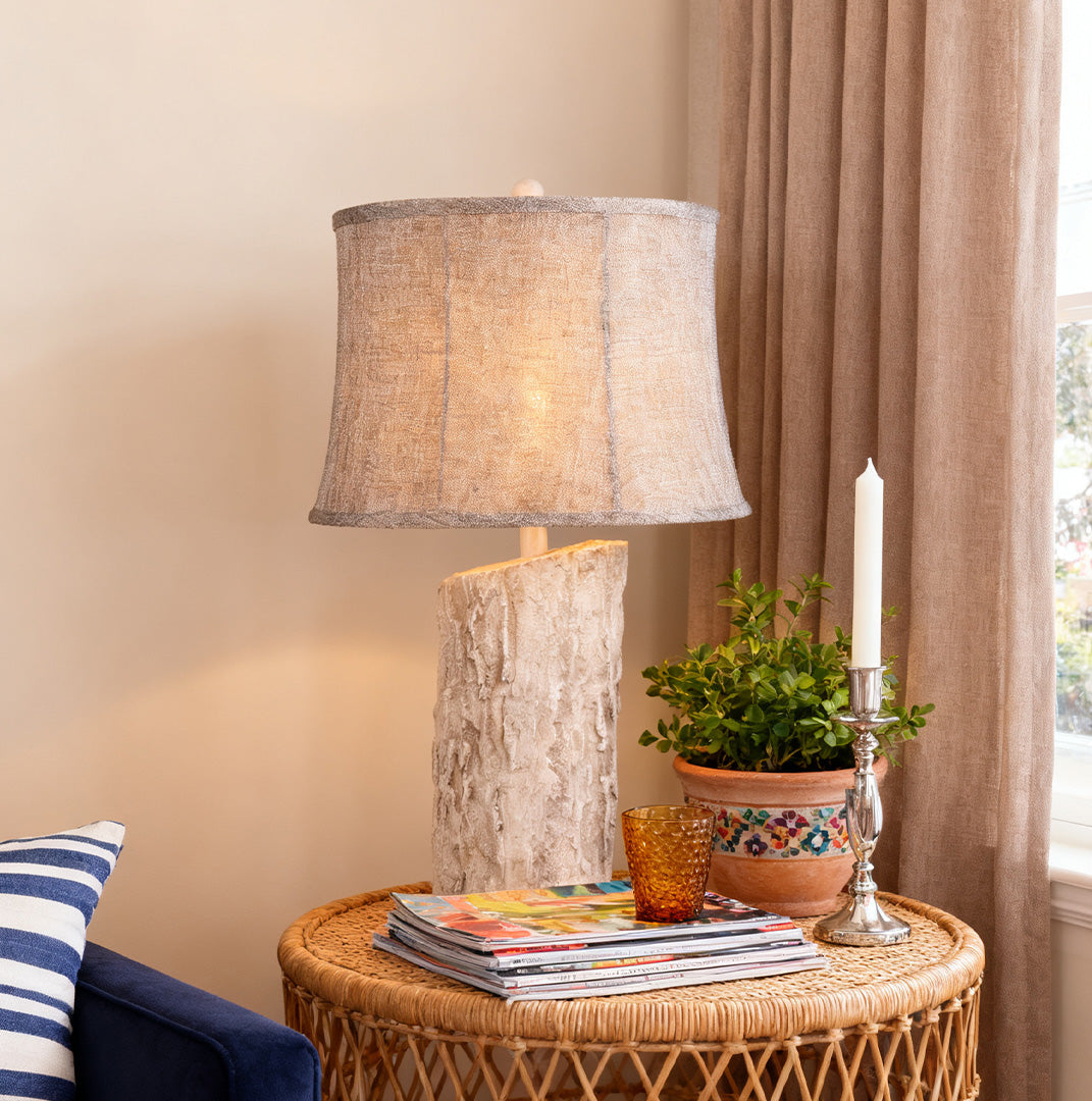 White Wood Table Lamp with Bark Fabric Shade - Ambient Lighting