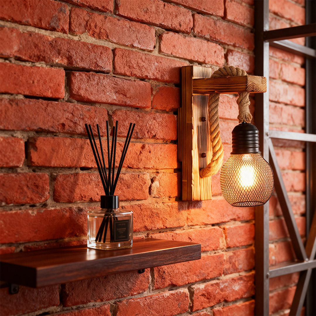 Rustic Iron Wall Lamp with Hemp Rope and Wood Accent