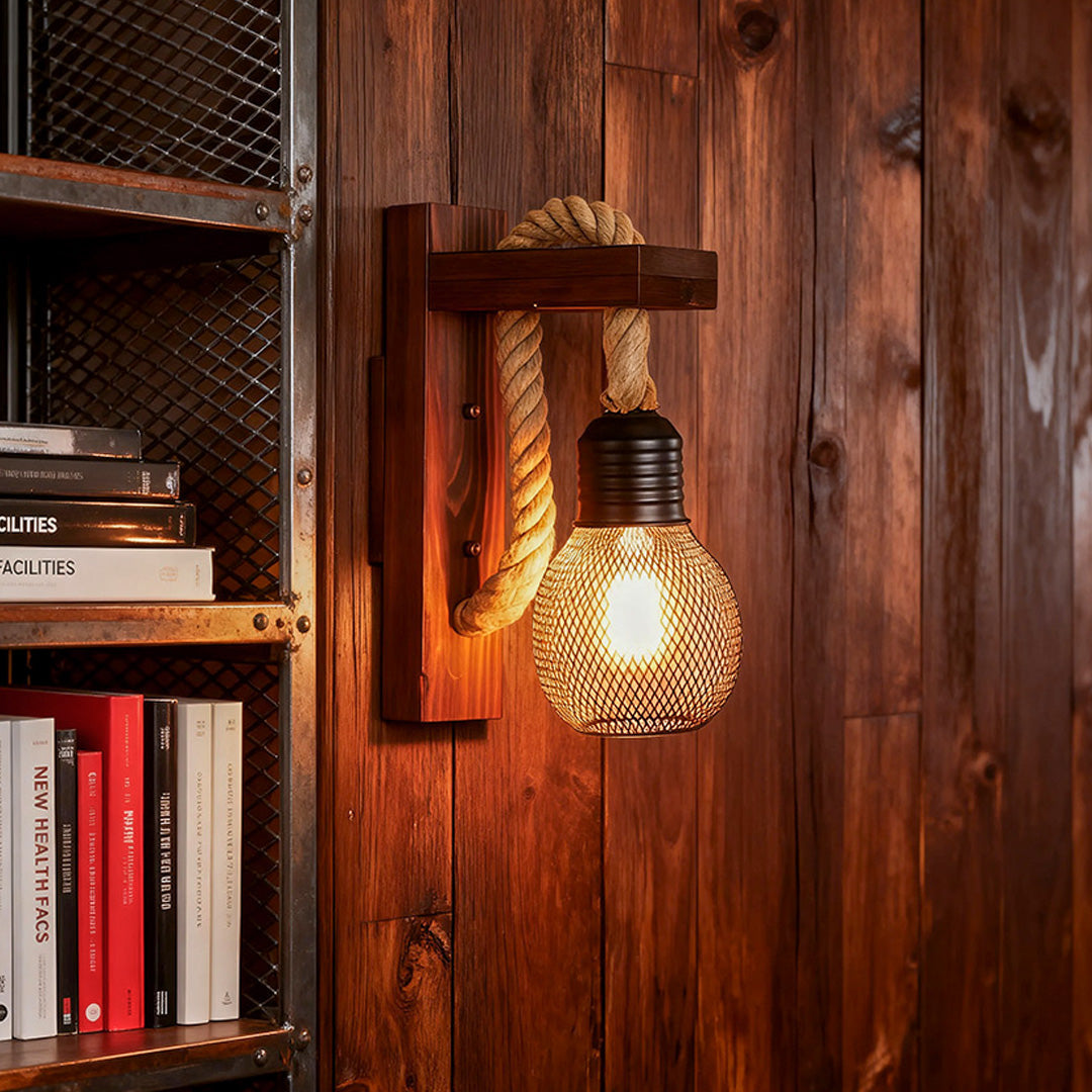 Rustic Iron Wall Lamp with Hemp Rope and Wood Accent