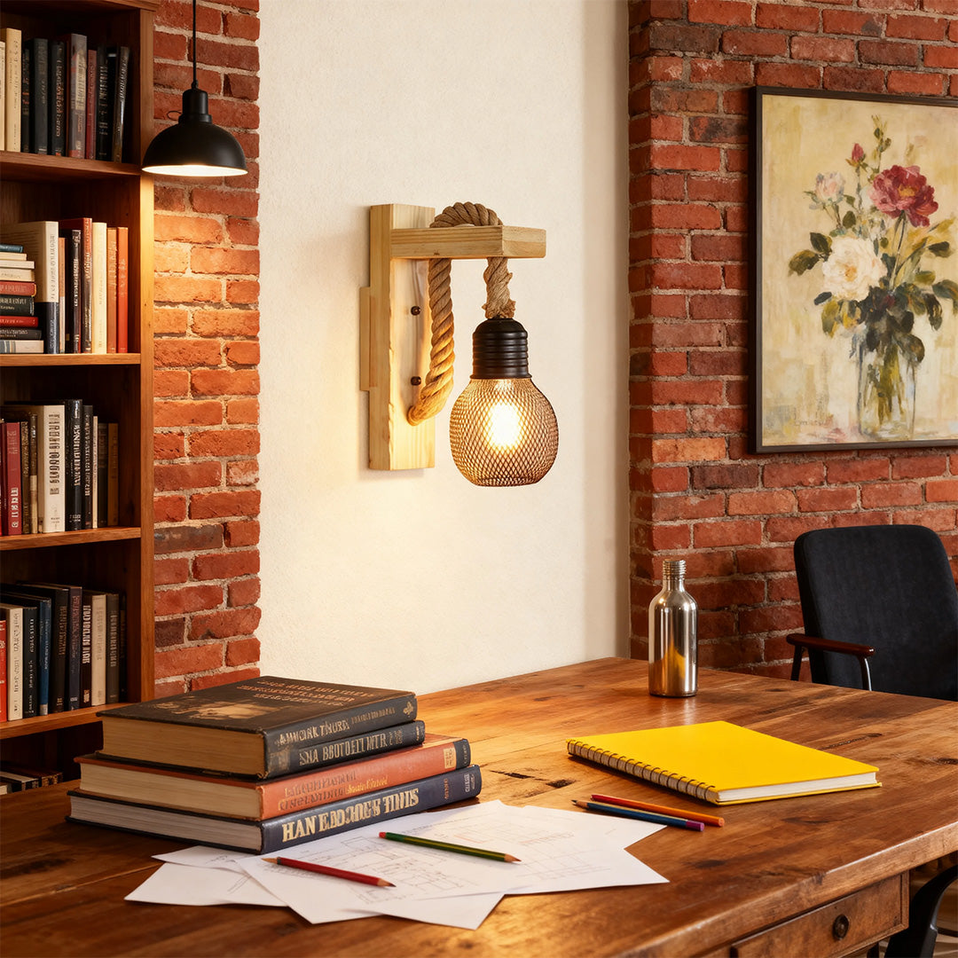 Rustic Iron Wall Lamp with Hemp Rope and Wood Accent