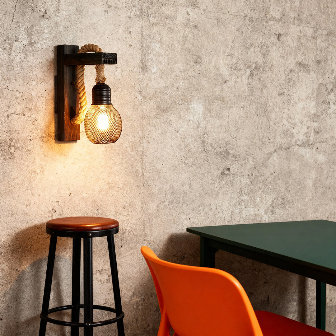 Rustic Iron Wall Lamp with Hemp Rope and Wood Accent