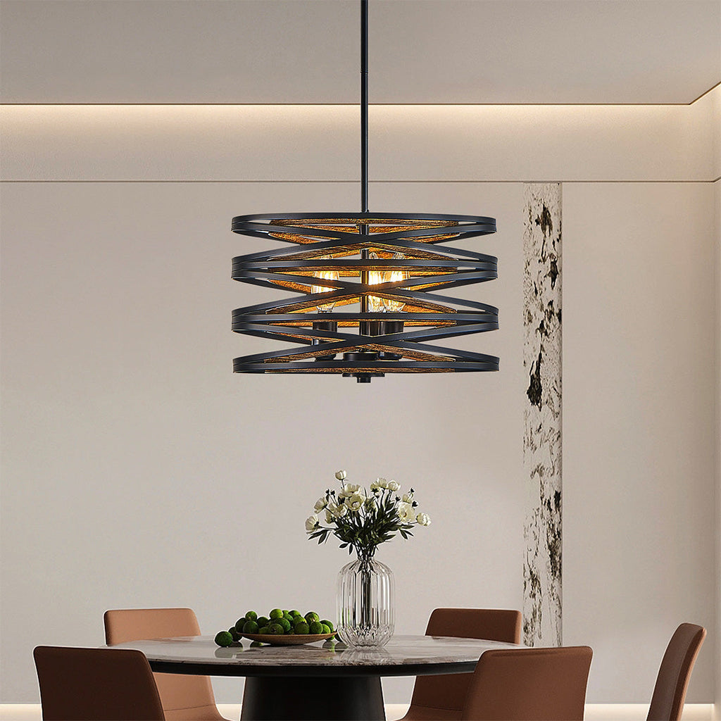 Black Iron Cage Drum Pendant Light - Round Ceiling Fixture