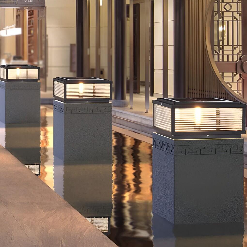 Premium Square Ribbed Glass Outdoor Pillar Light