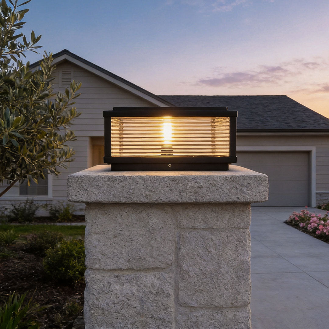 Premium Square Ribbed Glass Outdoor Pillar Light