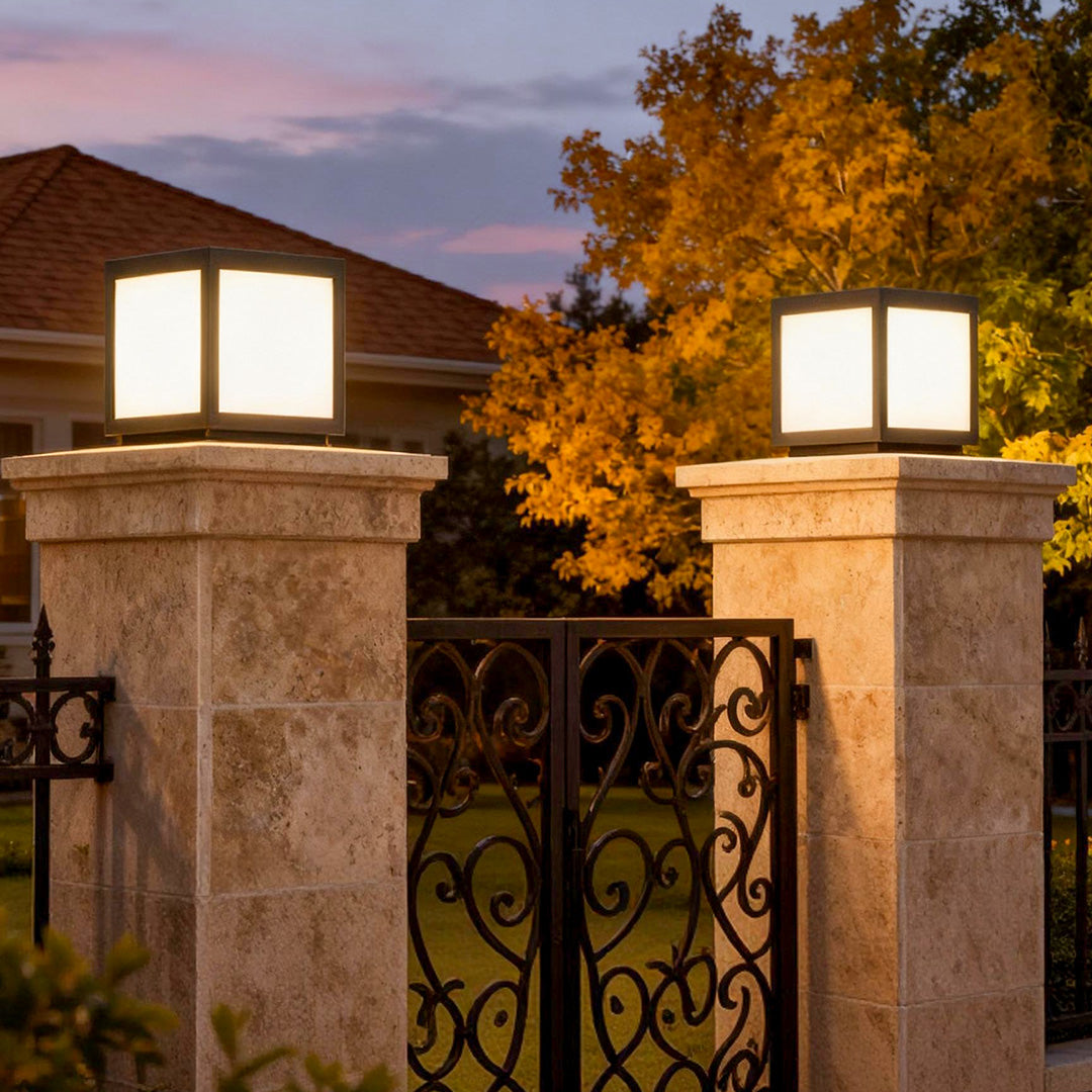 Black Square Outdoor LED Pillar Light - Metal Fixture