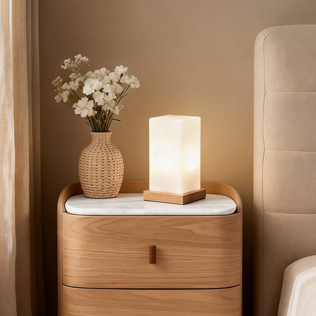 Battery-Powered LED Wooden Cube Table Lamp