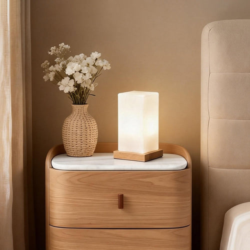 Battery-Powered LED Wooden Cube Table Lamp