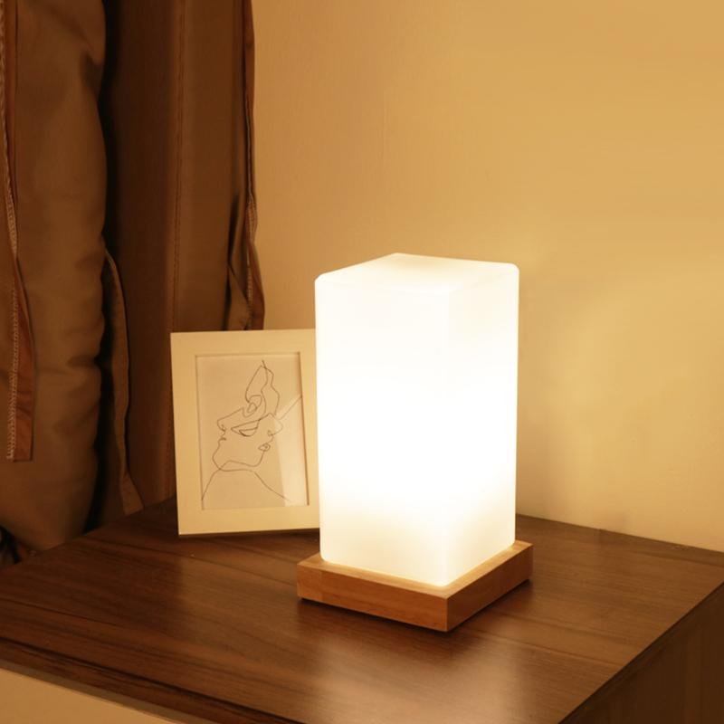 Battery-Powered LED Wooden Cube Table Lamp