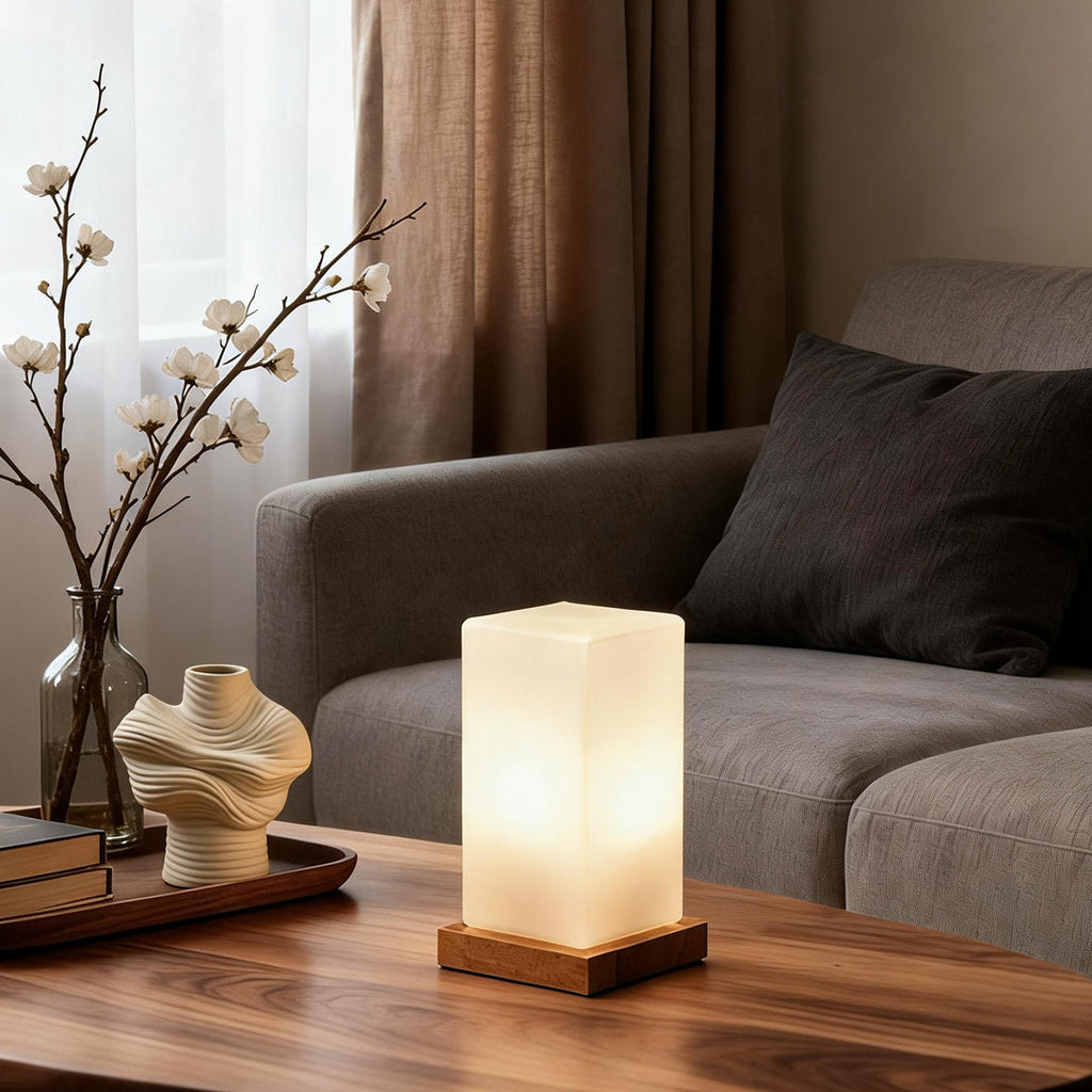 Battery-Powered LED Wooden Cube Table Lamp