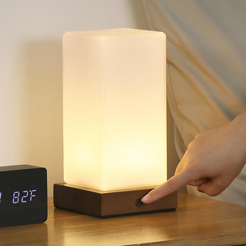 Battery-Powered LED Wooden Cube Table Lamp