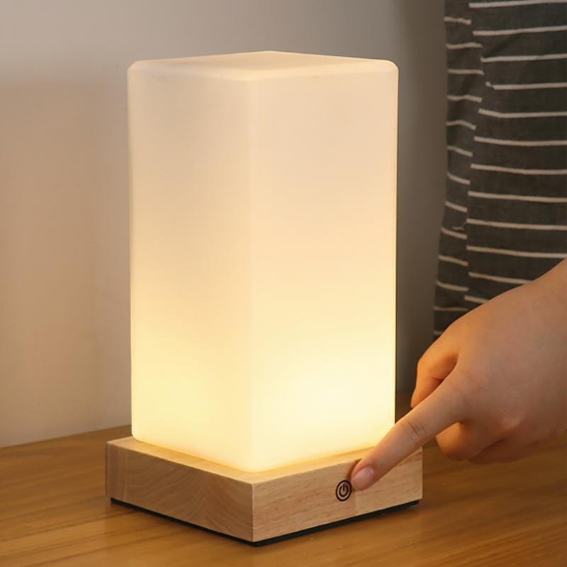 Battery-Powered LED Wooden Cube Table Lamp