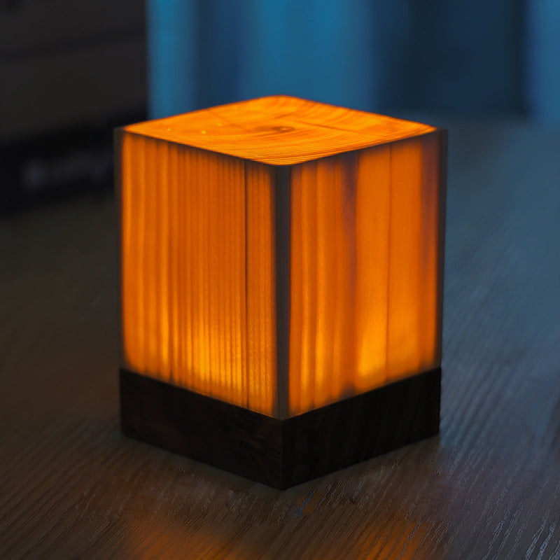 Modern LED Cube Lamp with Wood Grain Finish