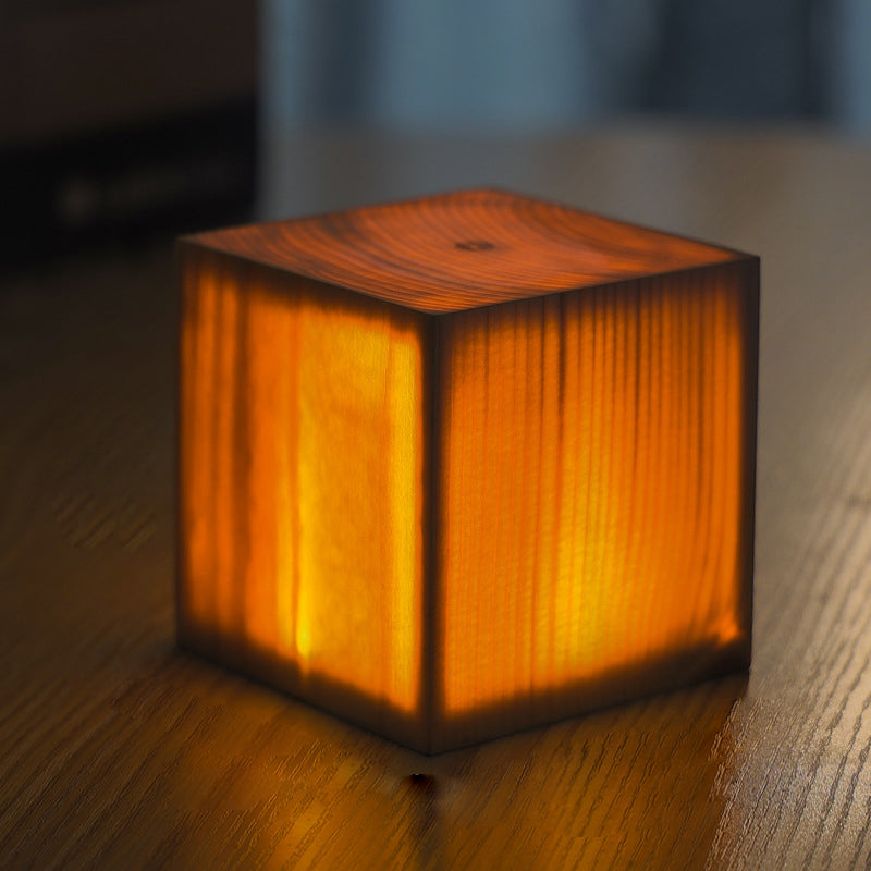 Modern LED Cube Lamp with Wood Grain Finish