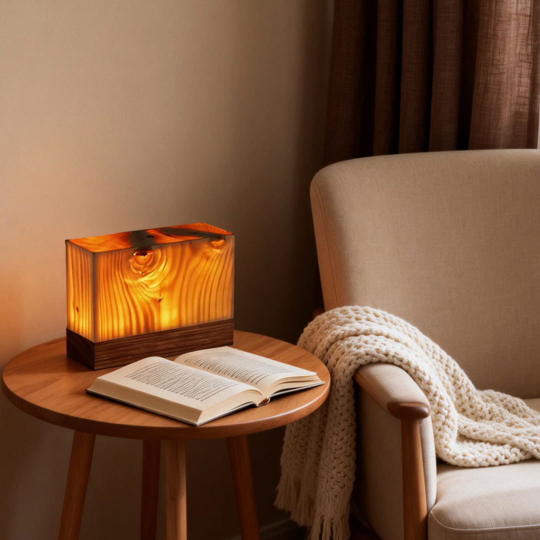 Modern LED Cube Lamp with Wood Grain Finish