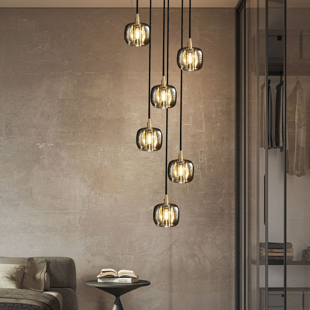 Modern Copper Cube Crystal Chandelier for Staircase