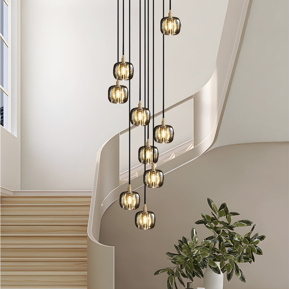 Modern Copper Cube Crystal Chandelier for Staircase