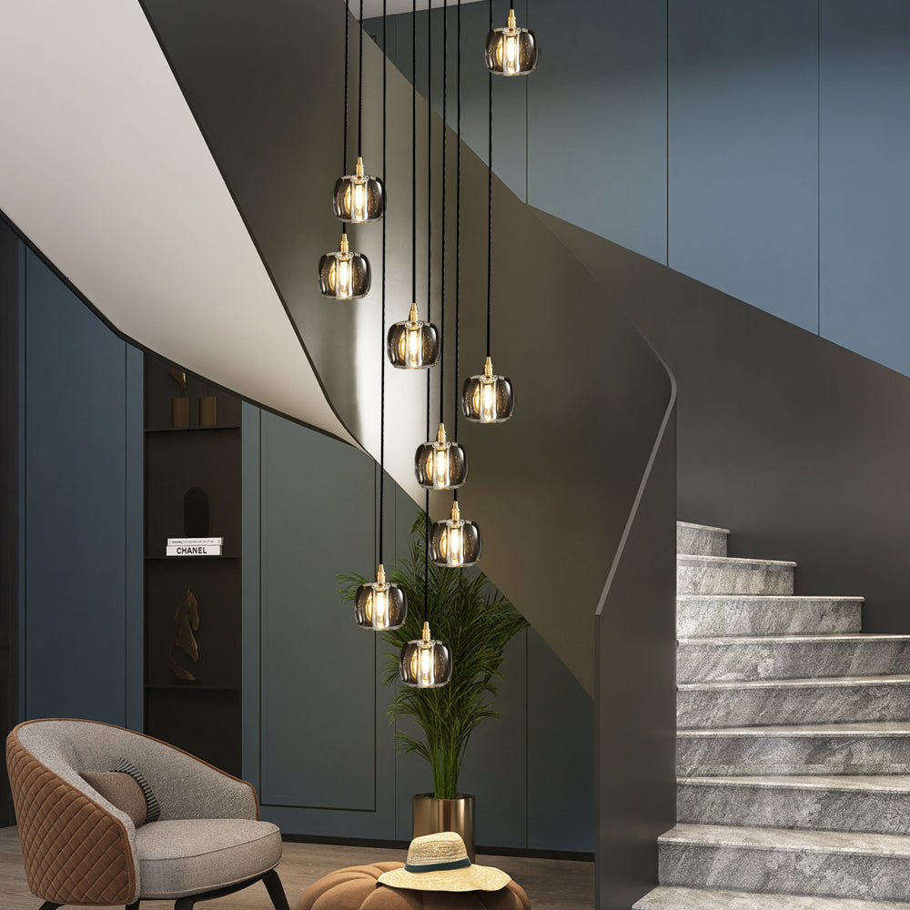 Modern Copper Cube Crystal Chandelier for Staircase