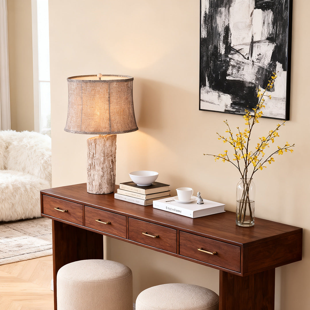 White Wood Table Lamp with Bark Fabric Shade - Ambient Lighting