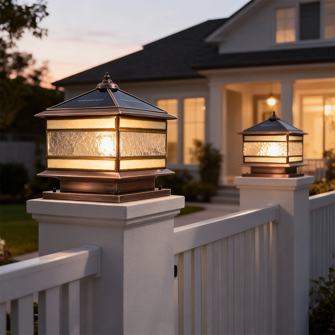 Premium Retro Copper Solar Stone Pillar Lights - Waterproof Fence Post Illumination