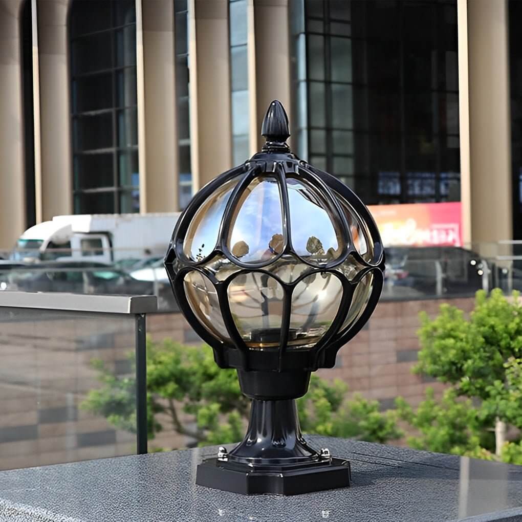 Premium Retro Glass Globe Outdoor Pillar Light with Copper Accent