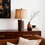 Faux Wood Table Lamp with Bark-Textured Fabric Shade