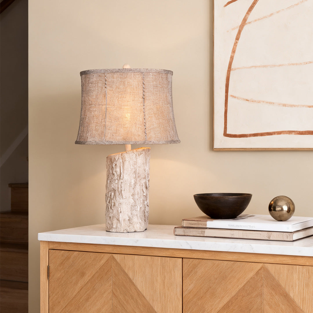 White Wood Table Lamp with Bark Fabric Shade - Ambient Lighting