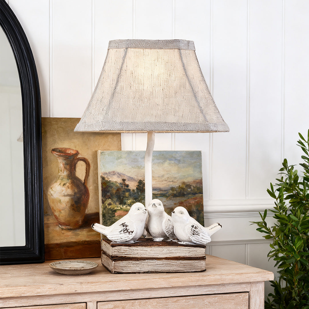 French Bird Table Lamp on Stacked Books - Fabric Shade