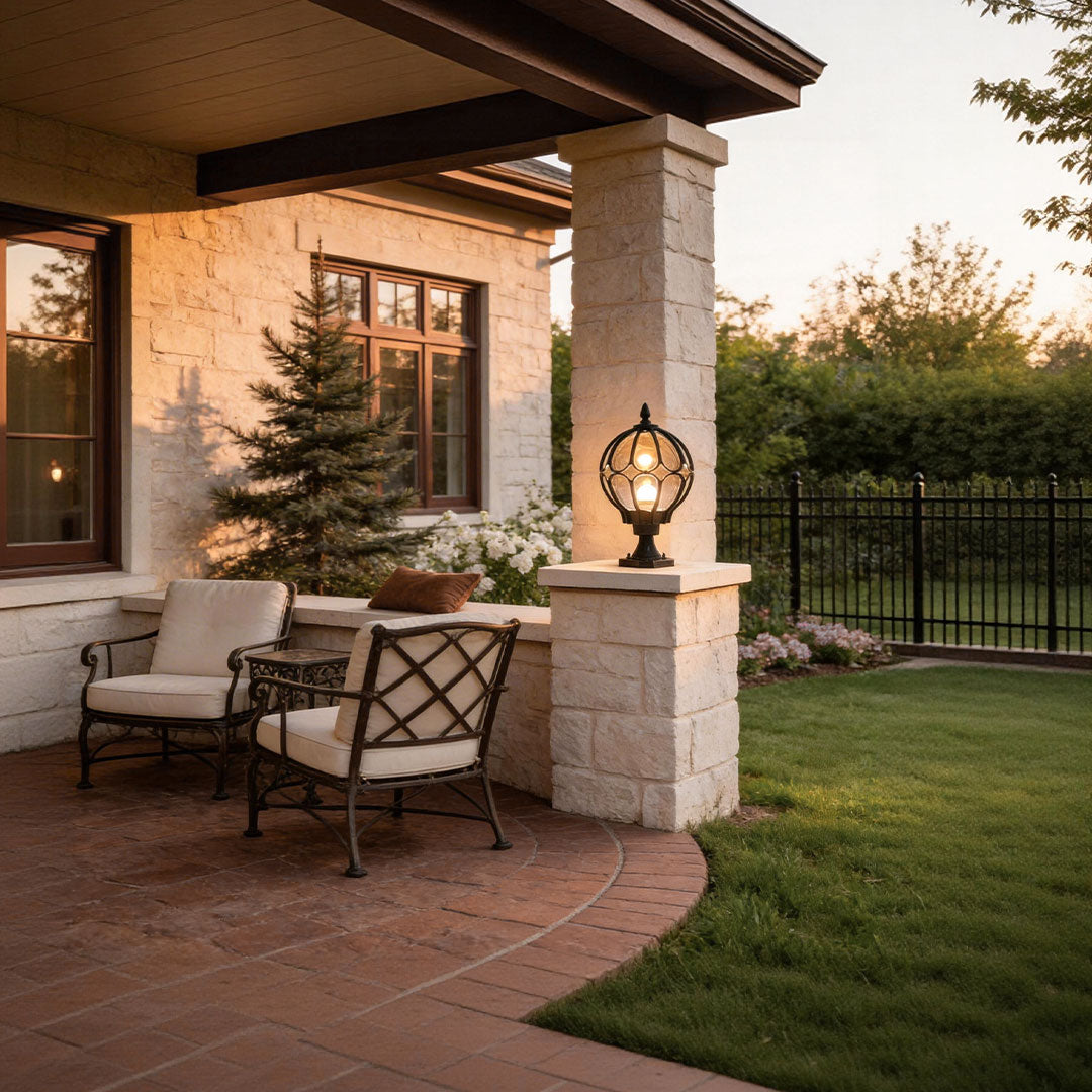 Premium Retro Glass Globe Outdoor Pillar Light with Copper Accent
