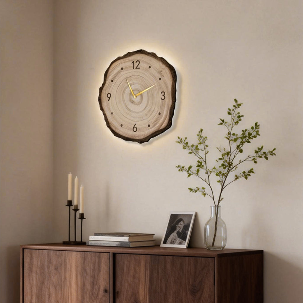 Farmhouse Wood Slice Tree Stump Wall Clock with LED Light