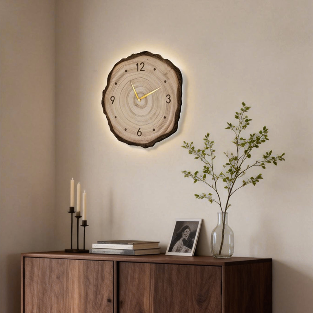 Farmhouse Wood Slice Tree Stump Wall Clock with LED Light