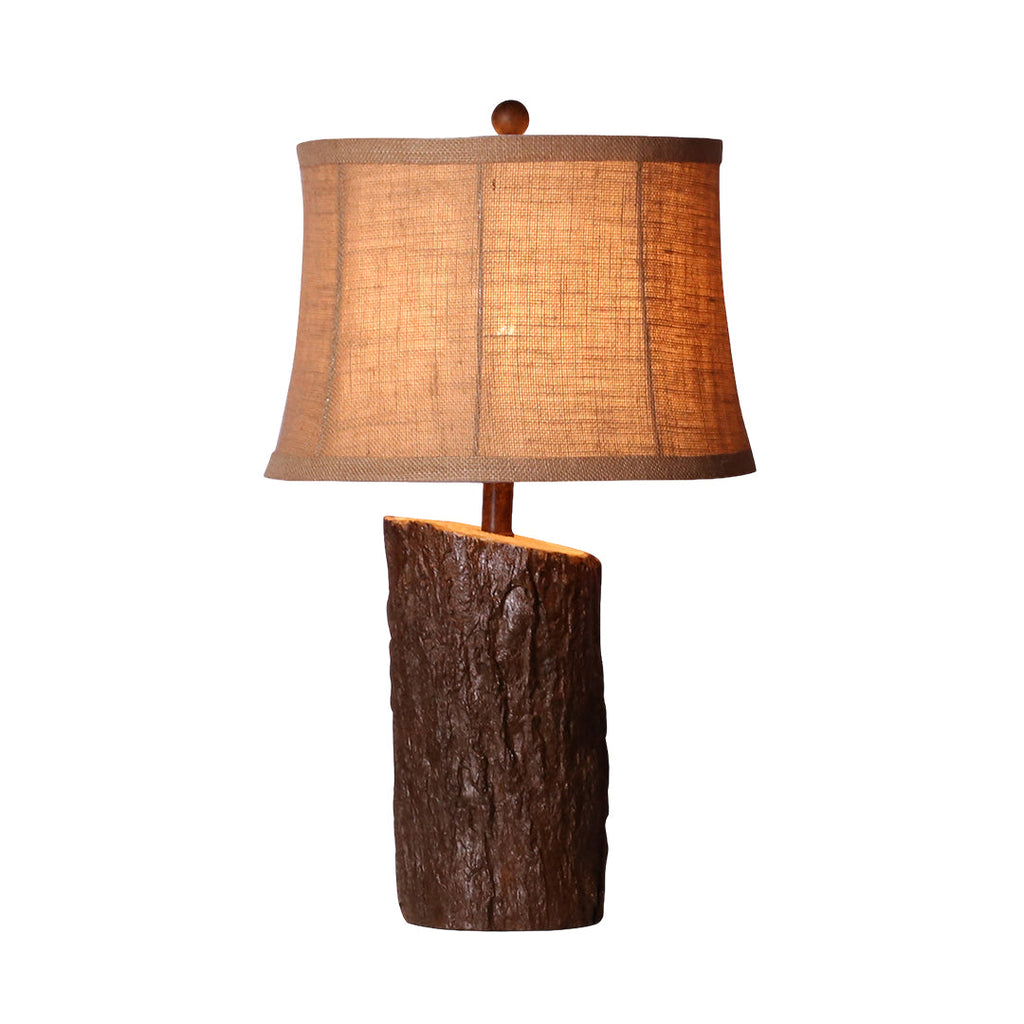 Faux Wood Table Lamp with Bark-Textured Fabric Shade