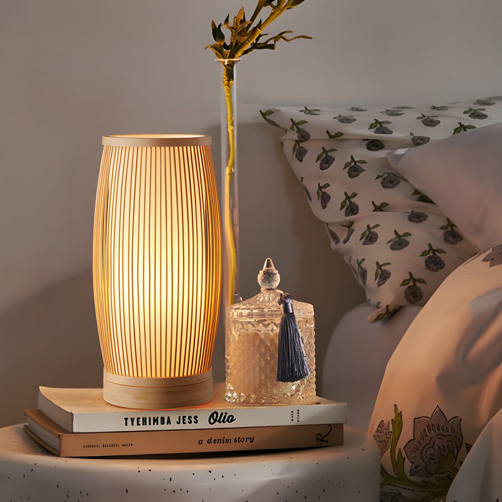 Handwoven Japanese Bamboo LED Table Lamp - Vintage Style
