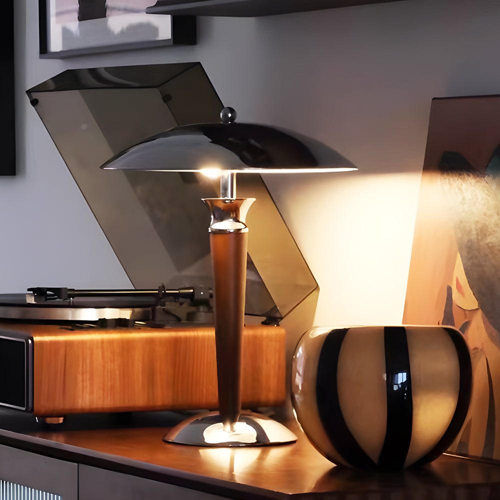 Retro Chrome Mushroom Lamp with Wooden Rod