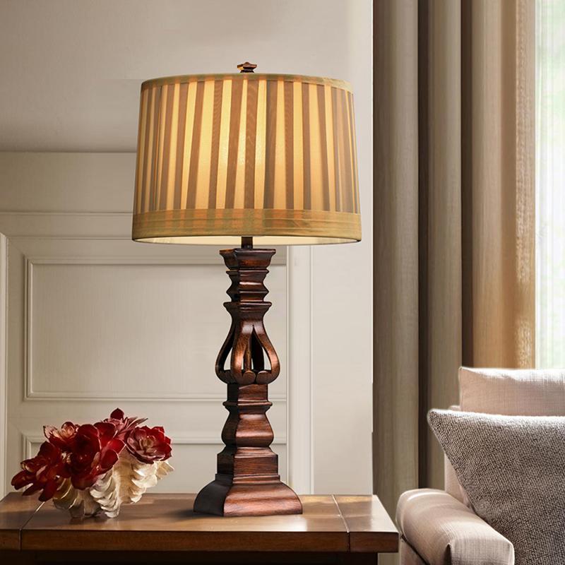 Premium Vintage Wood Table Lamp with Striped Drum Shade - LED Lighting