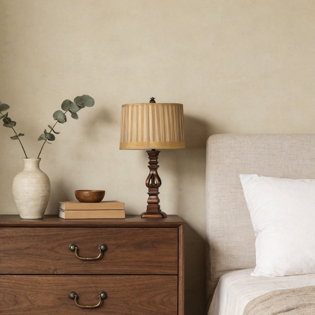 Premium Vintage Wood Table Lamp with Striped Drum Shade - LED Lighting