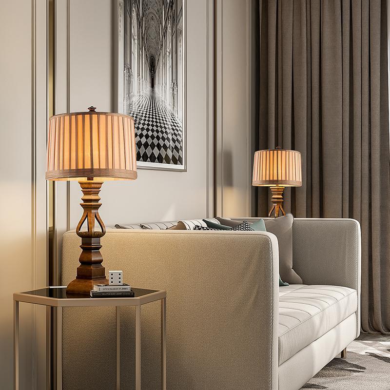 Premium Vintage Wood Table Lamp with Striped Drum Shade - LED Lighting