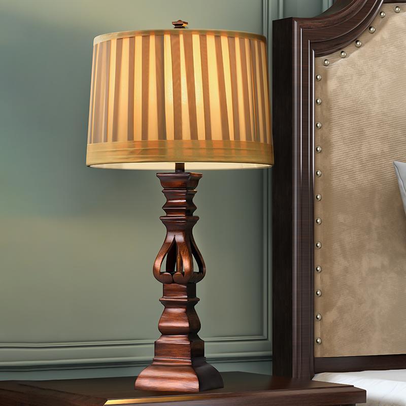 Premium Vintage Wood Table Lamp with Striped Drum Shade - LED Lighting