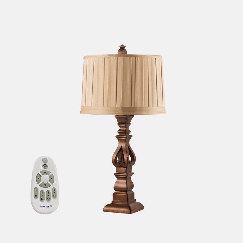 Premium Vintage Wood Table Lamp with Striped Drum Shade - LED Lighting