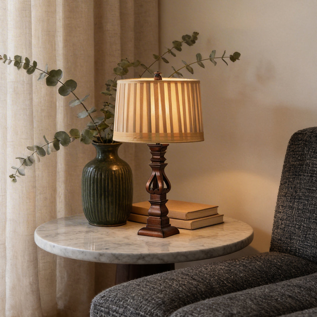 Premium Vintage Wood Table Lamp with Striped Drum Shade - LED Lighting