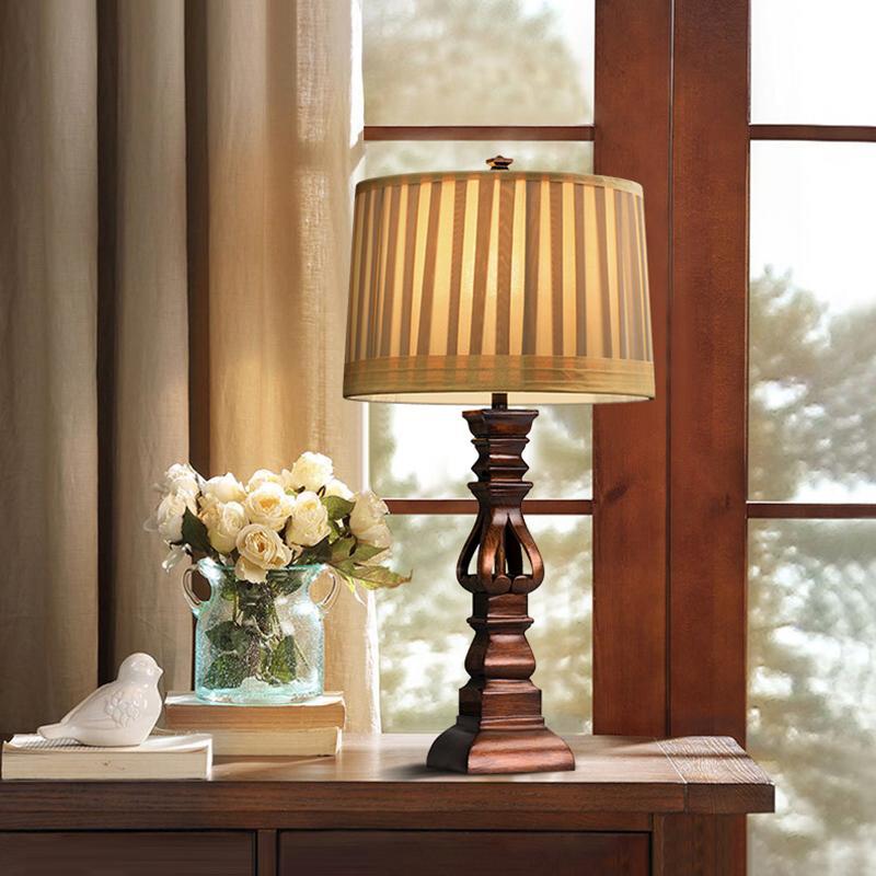 Premium Vintage Wood Table Lamp with Striped Drum Shade - LED Lighting