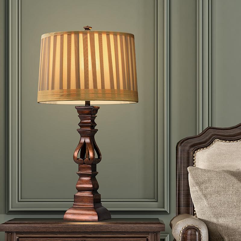 Premium Vintage Wood Table Lamp with Striped Drum Shade - LED Lighting