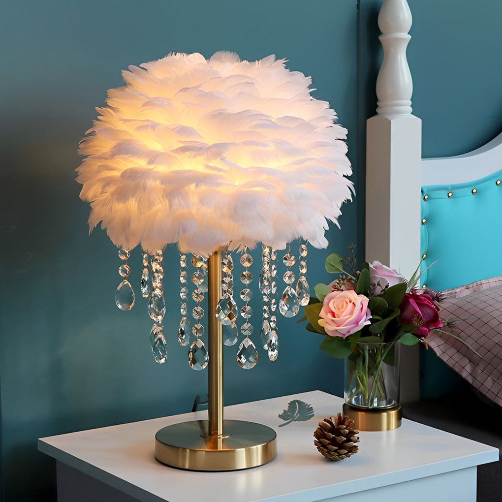Modern LED Feather Table Lamp with Crystal Tassels - Ambient Lighting